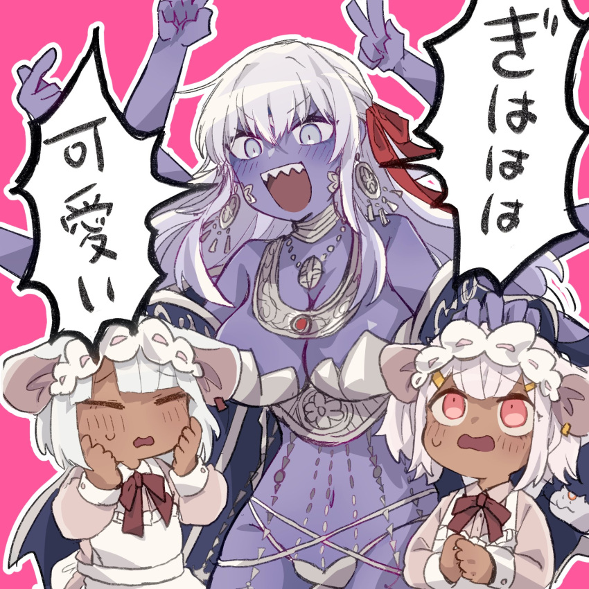 3girls animal_ears apron armor artist_request bare_shoulders belly_chain bikini_armor blue_eyes blue_skin bracelet breasts colored_skin daikokuten_(fate) dark-skinned_female dark_skin dress earrings extra_arms fate/grand_order fate_(series) hair_ribbon hairband highres jewelry kali_(fate) large_breasts large_earrings learning_with_manga!_fgo lolita_hairband long_hair maid_headdress metal_bracelet mouse_ears mouse_girl mouse_tail multiple_girls neck_ring necklace red_eyes revealing_clothes ribbon short_hair smile tail thumb_ring very_long_hair white_apron white_hair