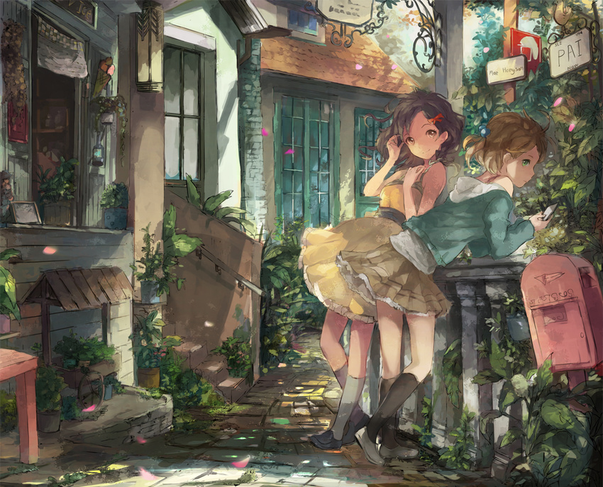 black_hair brown_eyes brown_hair building green_eyes hair_ribbon leaning mailbox_(incoming_mail) multiple_girls ooi_choon_liang original plant potted_plant ribbon sett short_hair sign skirt smile socks stairs window