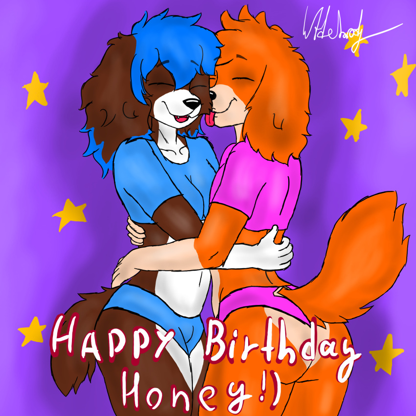 anthro belly blue_ear_tips blue_hair breasts brown_body brown_fur butt canid canine canis clothing cockapoo domestic_dog duo embrace english_text eyes_closed face_lick fur german_shepherd hair happy_birthday herding_dog hi_res higo_(higo22) hug intersex intersex/intersex intersex/male licking male mammal mixed_breed mobywidebody orange_body orange_fur panties pastoral_dog paw_patrol portuguese_water_dog simple_background smile text tongue tongue_out topwear tosha_(tosha68) underwear white_body white_fur yellow_body yellow_fur