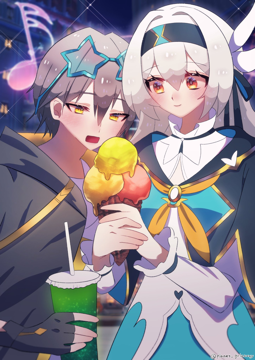 1boy 1girl black_hairband black_jacket caelus_(honkai:_star_rail) cowboy_shot emiri_(user_ggkz7554) firefly_(honkai:_star_rail) food grey_hair hair_between_eyes hair_intakes hairband hetero highres holding holding_food holding_ice_cream honkai:_star_rail honkai_(series) hood hood_down hooded_jacket ice_cream jacket long_hair neckerchief open_clothes open_jacket orange_neckerchief red_eyes sharing_food shirt short_hair side-by-side trailblazer_(honkai:_star_rail) twitter_username white_hair white_shirt yellow_eyes