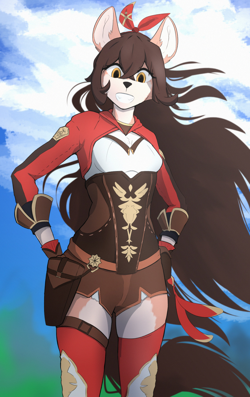 2023 absurd_res amber_(genshin_impact) anthro canid canine clothing digital_media_(artwork) female fox genshin_impact hair hi_res looking_at_viewer mammal mihoyo multicolored_body observerdoz smile solo tail two_tone_body white_body