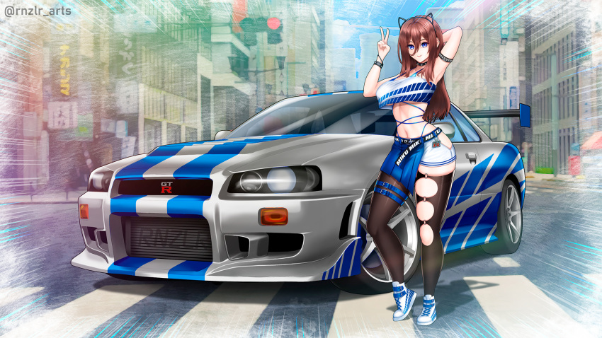 1girl 2_fast_2_furious animal_ears arm_strap armpits bike_shorts_under_skirt black_thighhighs blue_eyes blue_skirt brown_hair car cat_ears city cropped_shirt fake_animal_ears go-toubun_no_hanayome hair_behind_ear hair_between_eyes highres imrinzlergtz_art looking_at_viewer midriff motor_vehicle nakano_miku navel nissan nissan_skyline nissan_skyline_gt-r nissan_skyline_r34 outdoors shadow shirt shoes skindentation skirt sneakers solo spoiler_(automobile) the_fast_and_the_furious thighhighs twitter_username v vehicle_focus white_footwear white_shirt