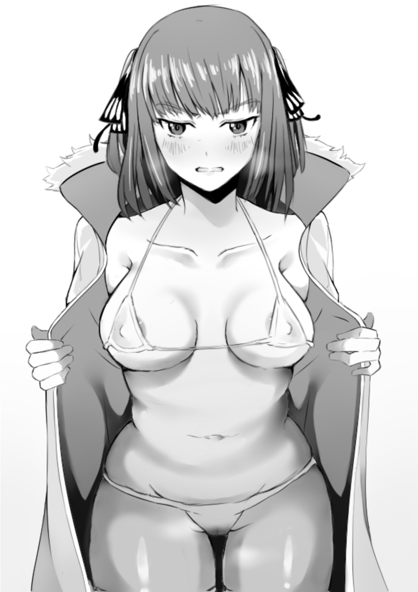 1girl absurdres areola_slip bikini breasts breasts_apart clenched_teeth coat collarbone commentary covered_nipples embarrassed english_commentary exhibitionism flashing go-toubun_no_hanayome greyscale highres kuronoir99 large_breasts micro_bikini mixed-language_commentary monochrome nakano_nino navel open_clothes open_coat public_indecency short_hair solo swimsuit teeth white_background