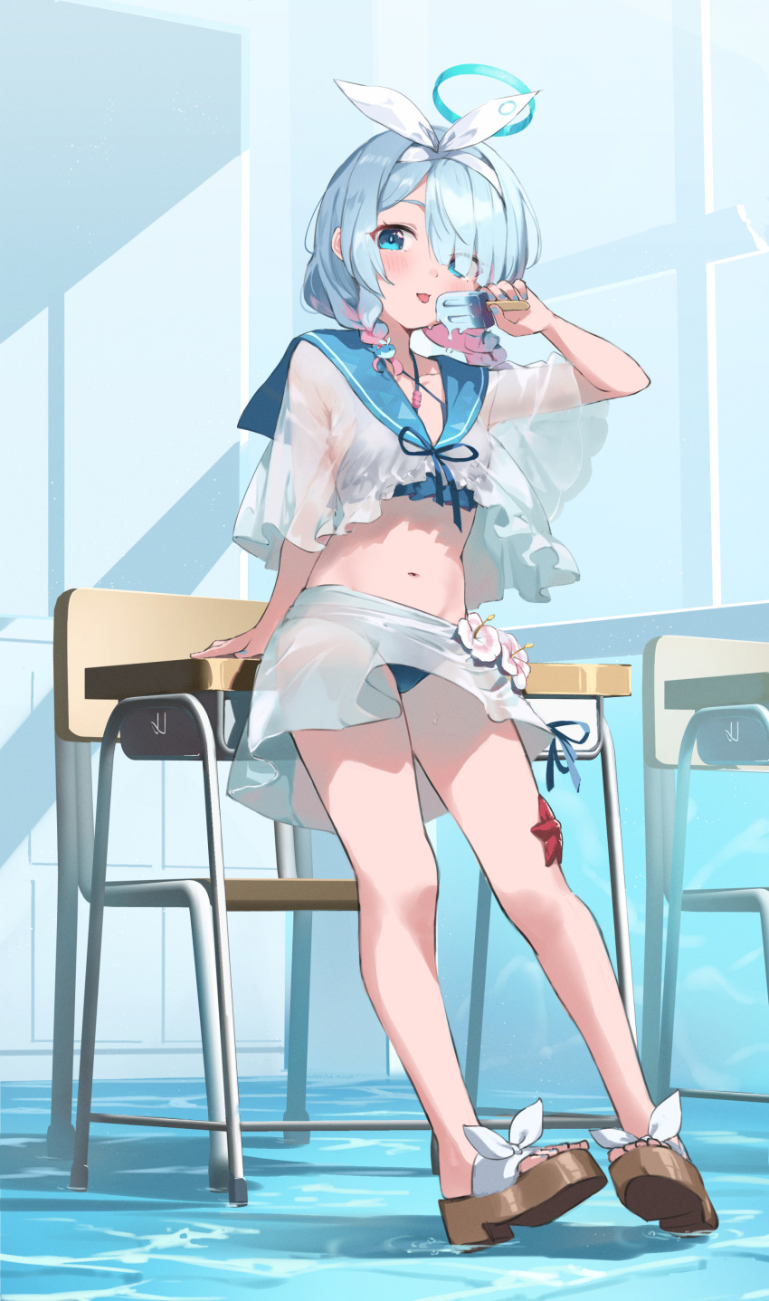 1girl absurdres arm_support arona_(blue_archive) bare_legs bikini blue_archive blue_bikini blue_eyes blue_hair blue_sailor_collar bow_hairband braid colored_inner_hair desk eating food full_body hair_over_one_eye hairband halo highres holding holding_food holding_popsicle legs looking_at_viewer melting midriff multicolored_hair navel official_alternate_costume pink_hair popsicle sailor_collar sandals school_desk see-through short_hair skirt solo stomach swimsuit timo_wei95 toes tongue tongue_out twin_braids white_hairband white_skirt