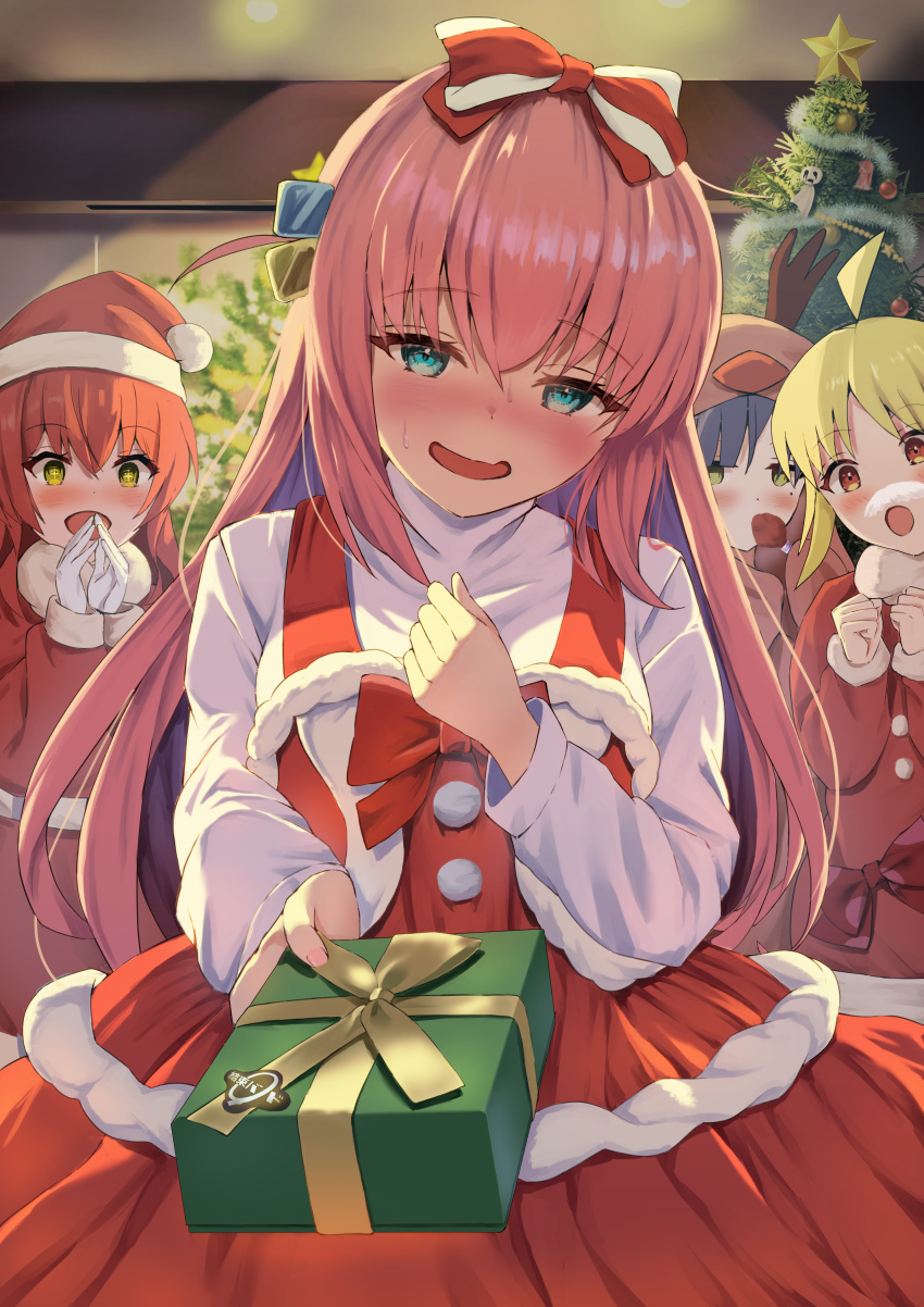 3girls 4girls :d absurdres ahoge blonde_hair blue_eyes blue_hair blush bocchi_the_rock! bow brown_eyes christmas christmas_tree closed_mouth cube_hair_ornament detached_ahoge dress file112056 gift giving gotoh_hitori green_eyes hair_bow hair_ornament hat highres holding holding_gift ijichi_nijika indoors kita_ikuyo long_hair long_sleeves mole mole_under_eye multiple_girls one_side_up open_mouth pink_hair red_bow red_dress red_hair red_headwear santa_costume santa_dress santa_hat sleeveless sleeveless_dress smile sweater turtleneck turtleneck_sweater white_bow white_sweater yamada_ryo