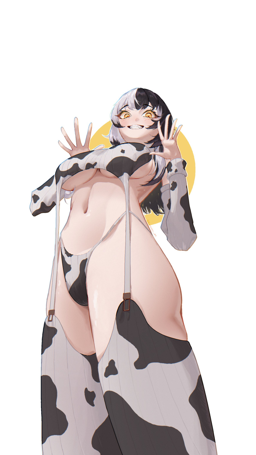 1girl absurdres animal_print black_hair blush breasts cow_print detached_sleeves grey_hair highres hololive hololive_english impossible_clothes large_breasts long_hair looking_at_viewer multicolored_hair navel nornever_me overalls shiori_novella smile solo split-color_hair thighhighs two-tone_hair underboob virtual_youtuber yellow_eyes