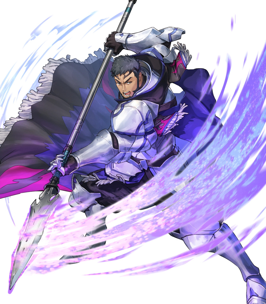 1boy armor attack beard black_cape black_hair blue_cape cape clenched_teeth facial_hair fire_emblem fire_emblem_engage fire_emblem_heroes gauntlets greaves highres holding holding_polearm holding_weapon mauvier_(fire_emblem) multicolored_cape multicolored_clothes non-web_source official_art open_mouth polearm purple_cape short_hair solo teeth v-shaped_eyebrows very_short_hair weapon