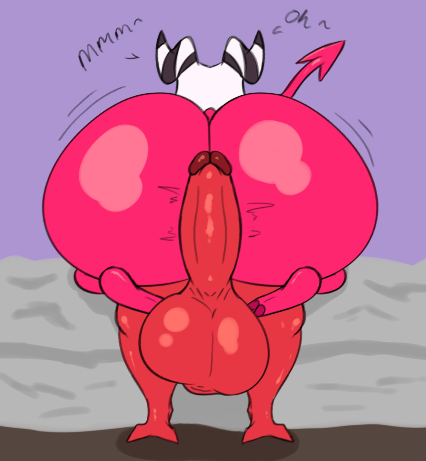 absurd_res anthro balls big_balls big_butt big_penis butt demon digital_media_(artwork) duo erection gaze_(artist) genitals hair helluva_boss hi_res horn huge_balls huge_butt huge_penis humanoid hyper hyper_balls hyper_genitalia hyper_penis imp male male/male moxxie_(helluva_boss) nude penile penis rear_view red_body sex simple_background tail text thick_thighs white_hair wide_hips