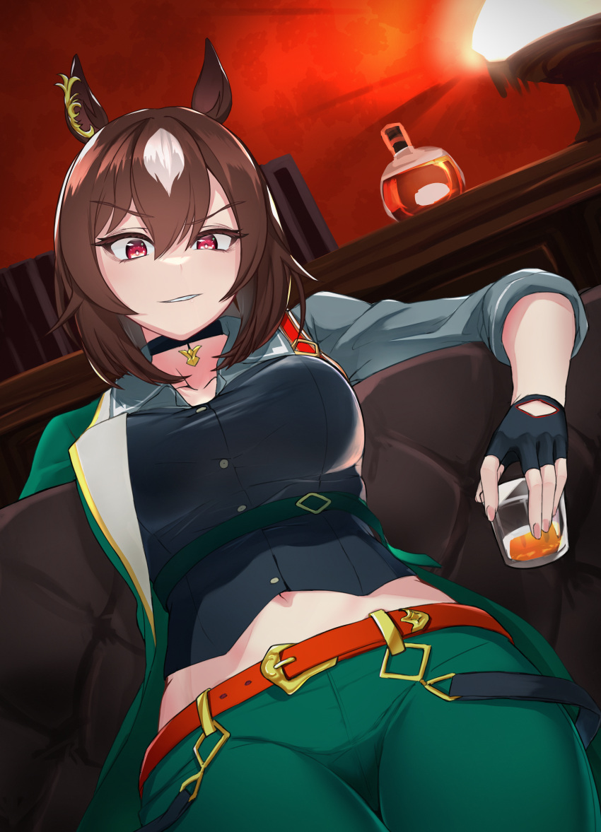 1girl absurdres alcohol animal_ears belt black_gloves blush breasts brown_belt brown_hair cb_stratosphere closed_mouth collared_shirt commentary_request couch cowboy_shot cup ear_ornament fingerless_gloves from_below frown gloves green_jacket green_pants grey_shirt hair_between_eyes highres holding holding_cup horse_ears horse_girl horse_tail indoors jacket large_breasts long_hair looking_at_viewer midriff_peek multicolored_hair navel on_couch pants red_eyes shirt sirius_symboli_(umamusume) sitting solo streaked_hair tail umamusume very_long_hair whiskey white_hair