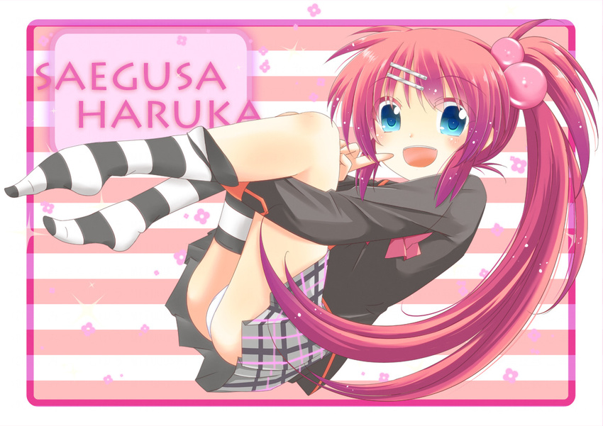 :d bad_id bad_pixiv_id blue_eyes hair_bobbles hair_ornament leg_hug legs_up little_busters! long_hair mitsugushi_yuu open_mouth purple_hair saigusa_haruka school_uniform side_ponytail smile striped striped_legwear thighhighs