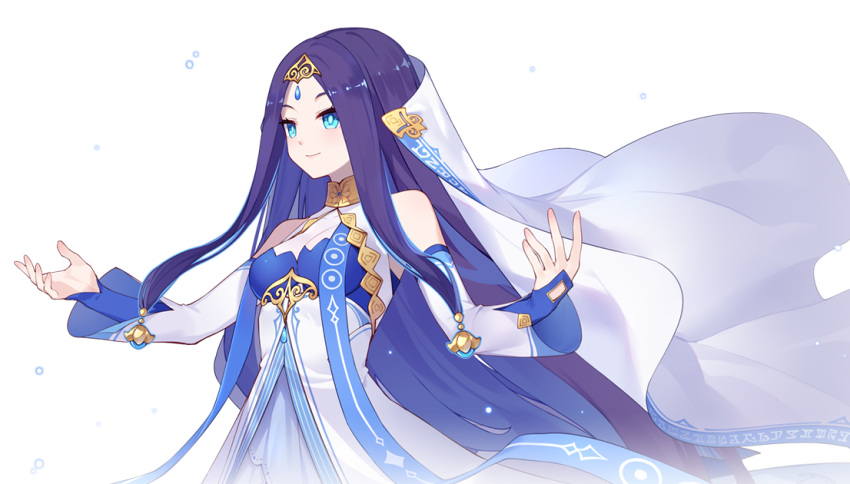 1girl benghuai_xueyuan blue_eyes blue_hair choker detached_sleeves forehead_jewel honkai_(series) jyahnar_(benghuai_xueyuan) light_smile long_hair official_art outstretched_arms transparent_background