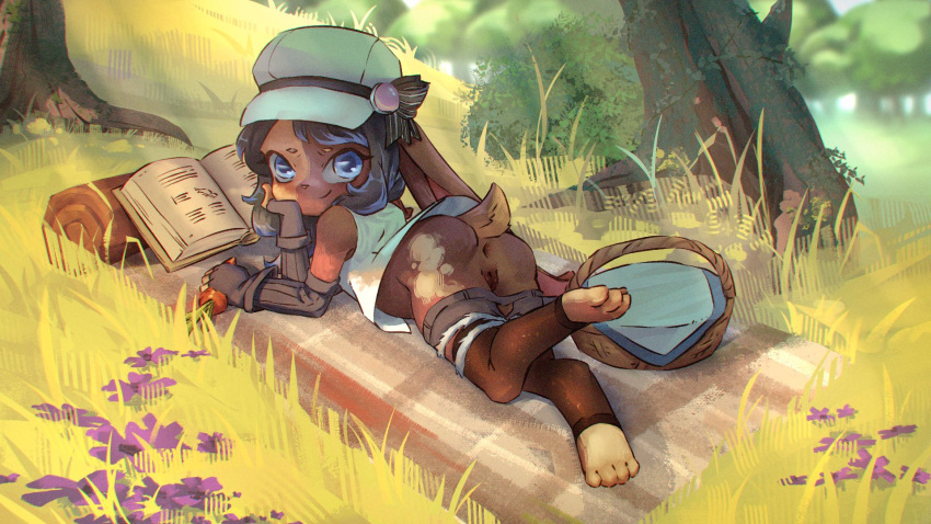 anthro anus basket black_hair book brown_body brown_fur butt carrot clothed clothing clothing_around_legs clothing_down container domestic_rabbit english_lop feet female floppy_ears flower food fur genitals gloves grass hair handwear hat headgear headwear hi_res lagomorph leggings legwear leporid looking_at_viewer lop_rabbit lying mammal on_front oryctolagus outside picnic picnic_basket picnic_blanket plant pussy rabbit rin_rinnet smile solo tail tea_patriarch vegetable
