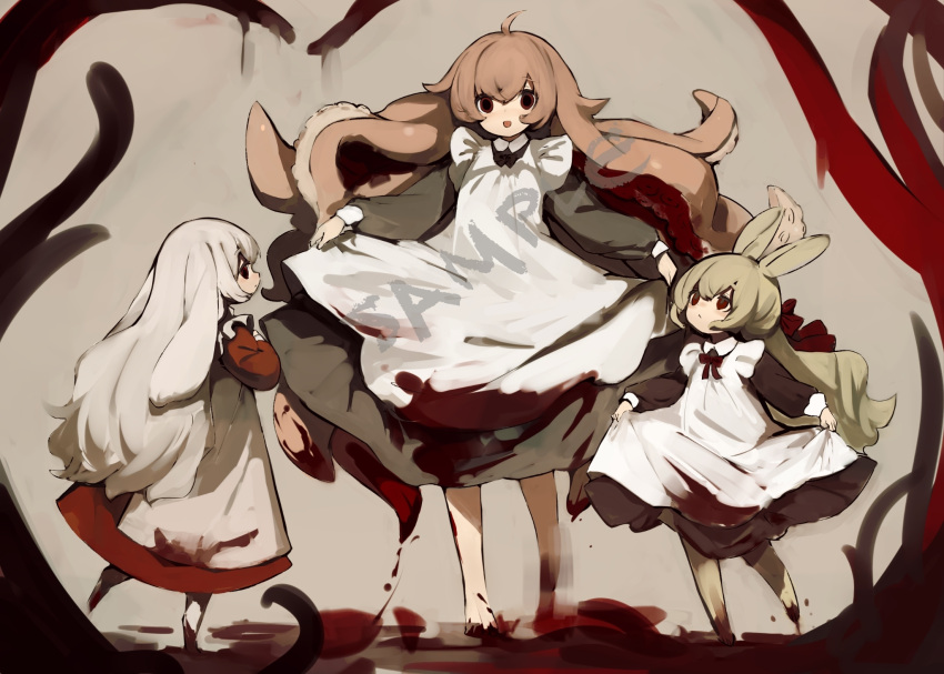 3girls ahoge animal_ears apron black_dress blood blood_in_hair blood_on_clothes blood_on_feet brown_dress brown_hair child closed_mouth commentary_request commission dot_nose dress floppy_ears green_hair hands_up highres large_ears long_hair long_sleeves multiple_girls neck_ribbon open_mouth original outstretched_arms rabbit_ears red_dress red_eyes red_ribbon ribbon sample_watermark shirokujira skeb_commission skirt_hold smile standing tentacle_hair tentacles very_long_hair watermark white_apron white_hair