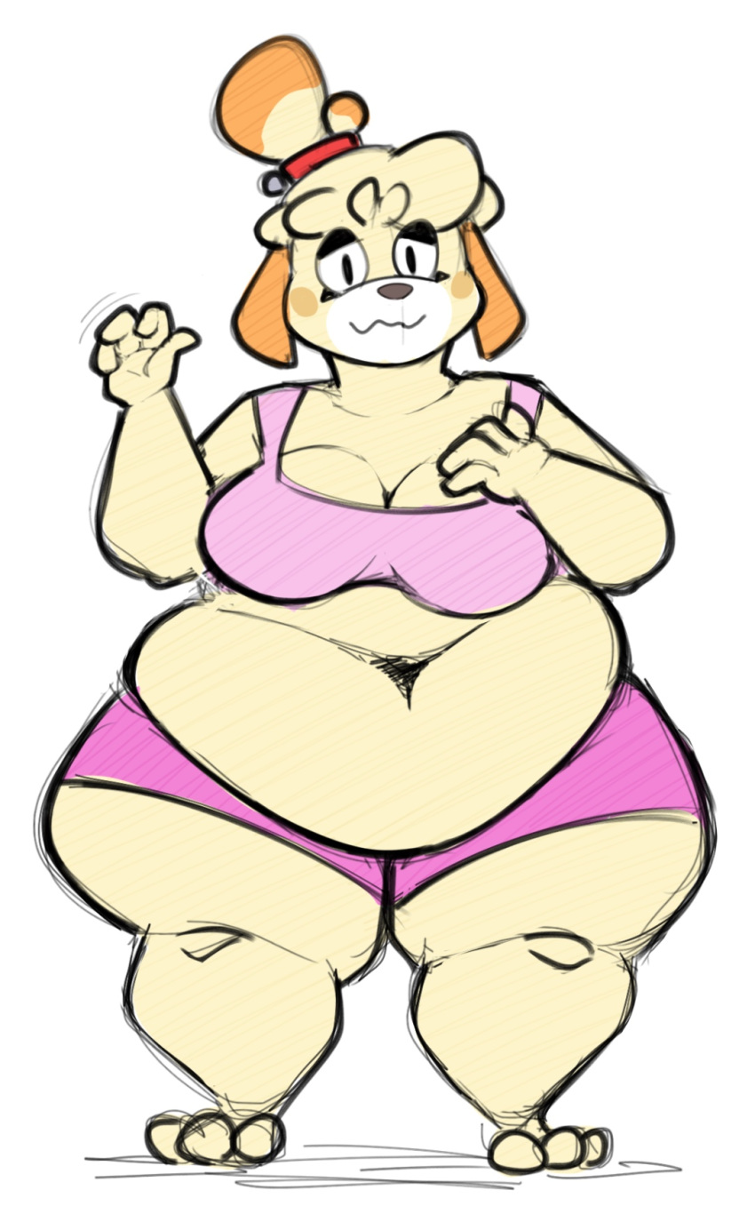 2019 3_toes 4_fingers aimbot-jones animal_crossing anthro belly big_belly big_breasts bra breasts canid canine canis cleavage clothed clothing deep_navel domestic_dog eyelashes female floppy_ears front_view hair half-closed_eyes hand_on_breast hyper hyper_belly isabelle_(animal_crossing) looking_at_viewer mammal midriff nintendo no_iris overweight overweight_female shih_tzu shorts smile solo standing thick_thighs toes underwear video_games waving wide_hips