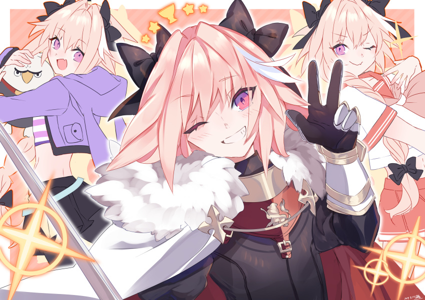 1boy absurdres animal_ear_hood aqua_belt astolfo_(fate) astolfo_(memories_at_trifas)_(fate) astolfo_(sailor_paladin)_(fate) black_bow bow braid cape closed_mouth crop_top cropped_jacket cropped_shirt crossdressing fang fate/apocrypha fate/grand_order fate_(series) fur-trimmed_cape fur_trim gauntlets grin hair_between_eyes hair_intakes hand_on_own_chest highres hippogriff holding holding_stuffed_toy holy_grail_(fate) hood hoodie hugging_object jacket light_blush long_braid long_hair looking_at_viewer macchoko male_focus midriff multicolored_hair official_alternate_costume one_eye_closed open_mouth otoko_no_ko pink_background pink_hair purple_eyes purple_hoodie purple_jacket rabbit-ear_hood red_sailor_collar red_skirt sailor_collar school_uniform serafuku shirt short_sleeves signature silhouette single_braid skin_fang skirt smile sparkle star_(symbol) streaked_hair striped_clothes striped_shirt stuffed_toy sword v very_long_hair weapon white_cape white_fur white_hair white_shirt