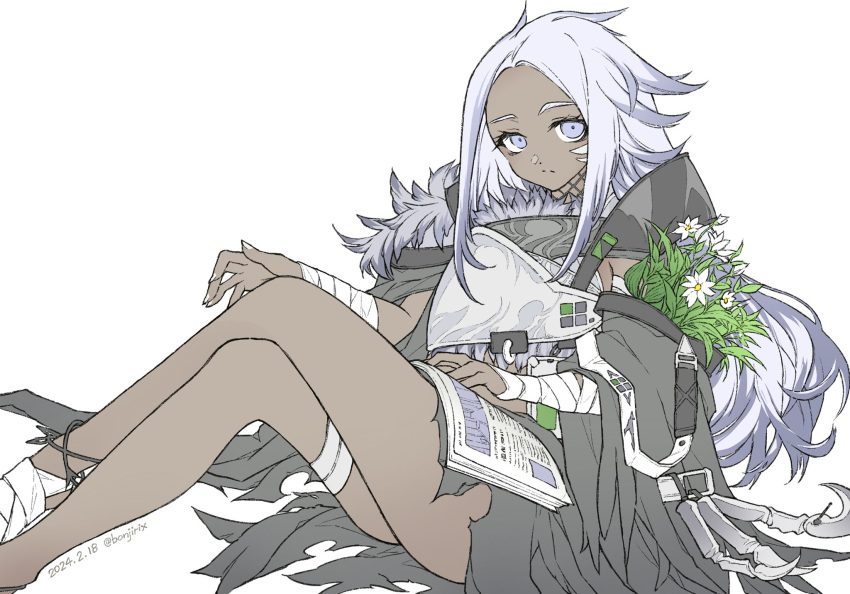 1girl arknights armor ass bandaged_arm bandaged_leg bandages black_cape bonjirix book_on_lap cape commentary dark-skinned_female dark_skin dated feet_out_of_frame flower highres inam_(arknights) knee_up long_hair purple_eyes purple_hair simple_background solo twitter_username white_background