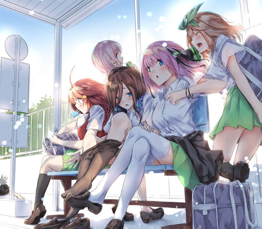 5girls absurdres ahoge bag black_cardigan black_footwear black_pantyhose black_ribbon black_socks blue_eyes blunt_bangs bracelet breasts brown_hair bus_stop butterfly_hair_ornament can cardigan cardigan_around_waist clothes_around_waist clothes_pull collared_shirt commentary_request crossed_legs go-toubun_no_hanayome green_ribbon green_skirt hair_between_eyes hair_ornament hair_ribbon headphones headphones_around_neck highres holding holding_can jewelry kneehighs loafers long_hair long_hair_between_eyes miniskirt multiple_girls nakano_ichika nakano_itsuki nakano_miku nakano_nino nakano_yotsuba orange_hair outdoors pantyhose pantyhose_pull pink_hair pleated_skirt quintuplets red_hair red_sweater_vest ribbon sahara386 school_bag school_uniform shirt shoe_dangle shoes short_hair sitting_on_bench skirt socks star_(symbol) star_hair_ornament sweater_vest thighhighs two_side_up undressing unworn_shoes white_shirt white_thighhighs