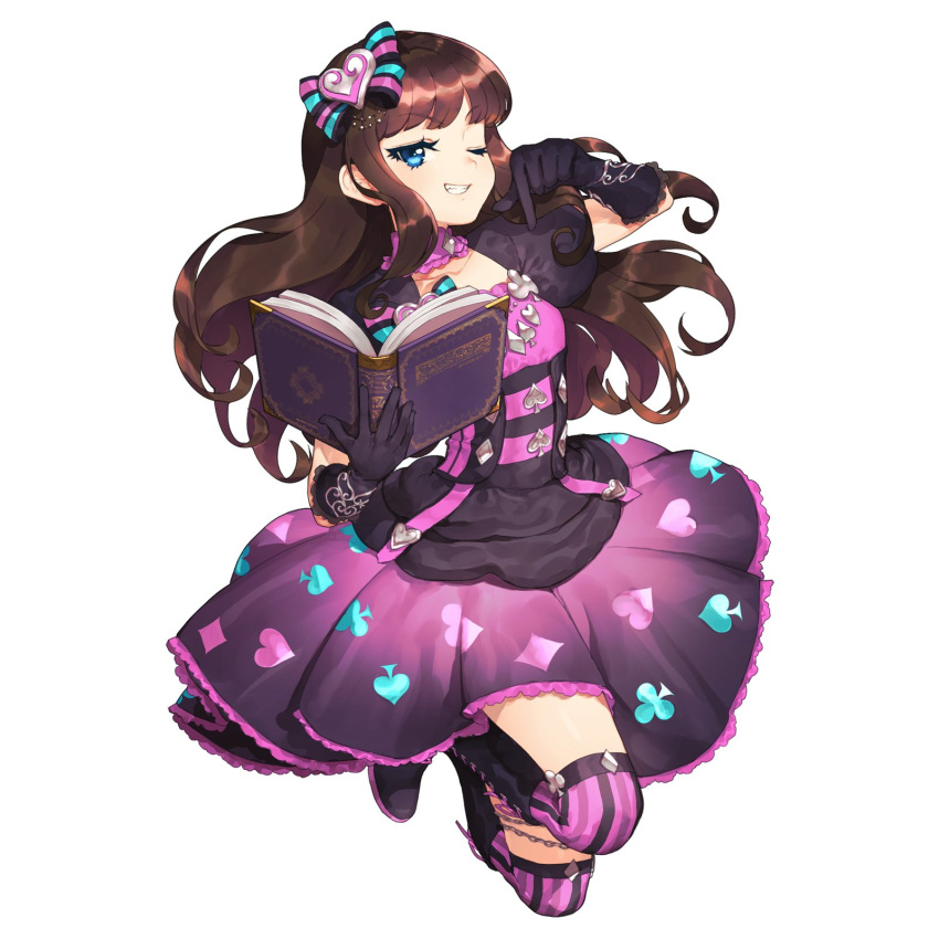 1girl black_footwear black_gloves blue_eyes book boots brown_hair club_(shape) detached_collar diamond_(shape) dress full_body gloves grin hair_ornament heart heart_hair_ornament highres hitoto holding holding_book knee_boots kurosu_aroma long_hair looking_at_viewer one_eye_closed open_book open_mouth pink_dress pink_thighhighs pointing pointing_down pretty_series pripara puffy_short_sleeves puffy_sleeves short_sleeves simple_background smile solo spade_(shape) thighhighs white_background