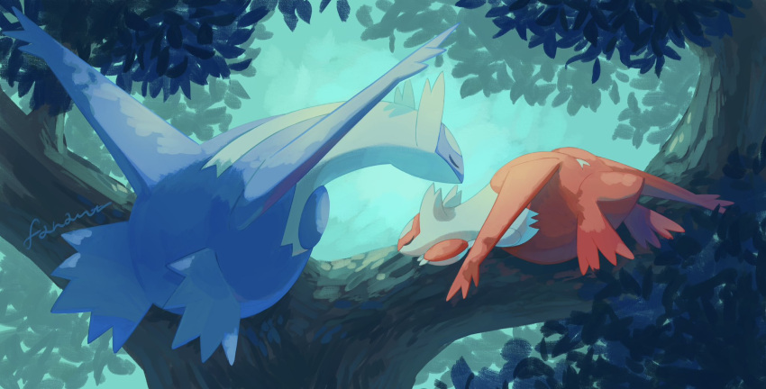 claws closed_eyes day highres in_tree latias latios leaf lying no_humans outdoors pokemon pokemon_(creature) torinoko_(miiko_draw) tree