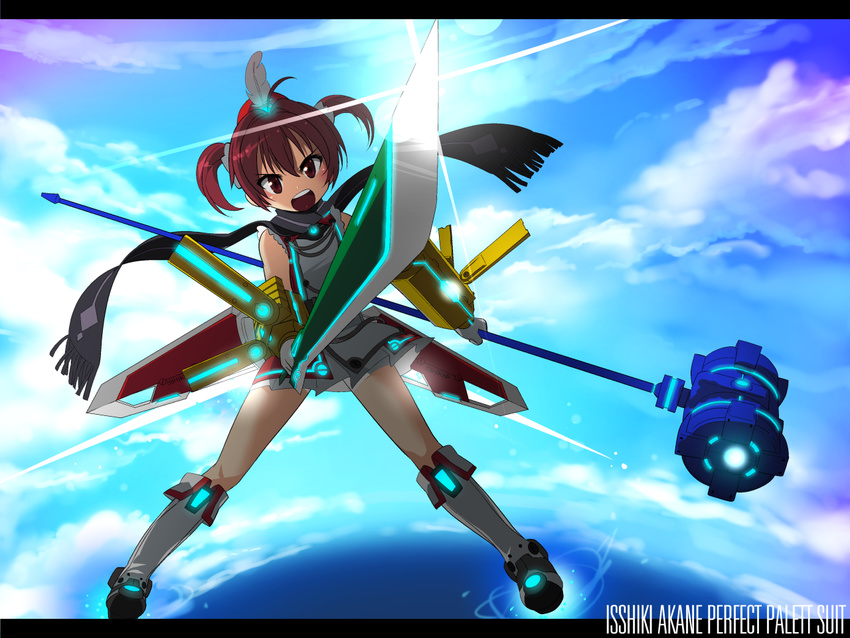 bike_shorts brown_eyes brown_hair hammer isshiki_akane kuro_chairo_no_neko palette_suit scarf short_hair sword twintails vividred_operation weapon