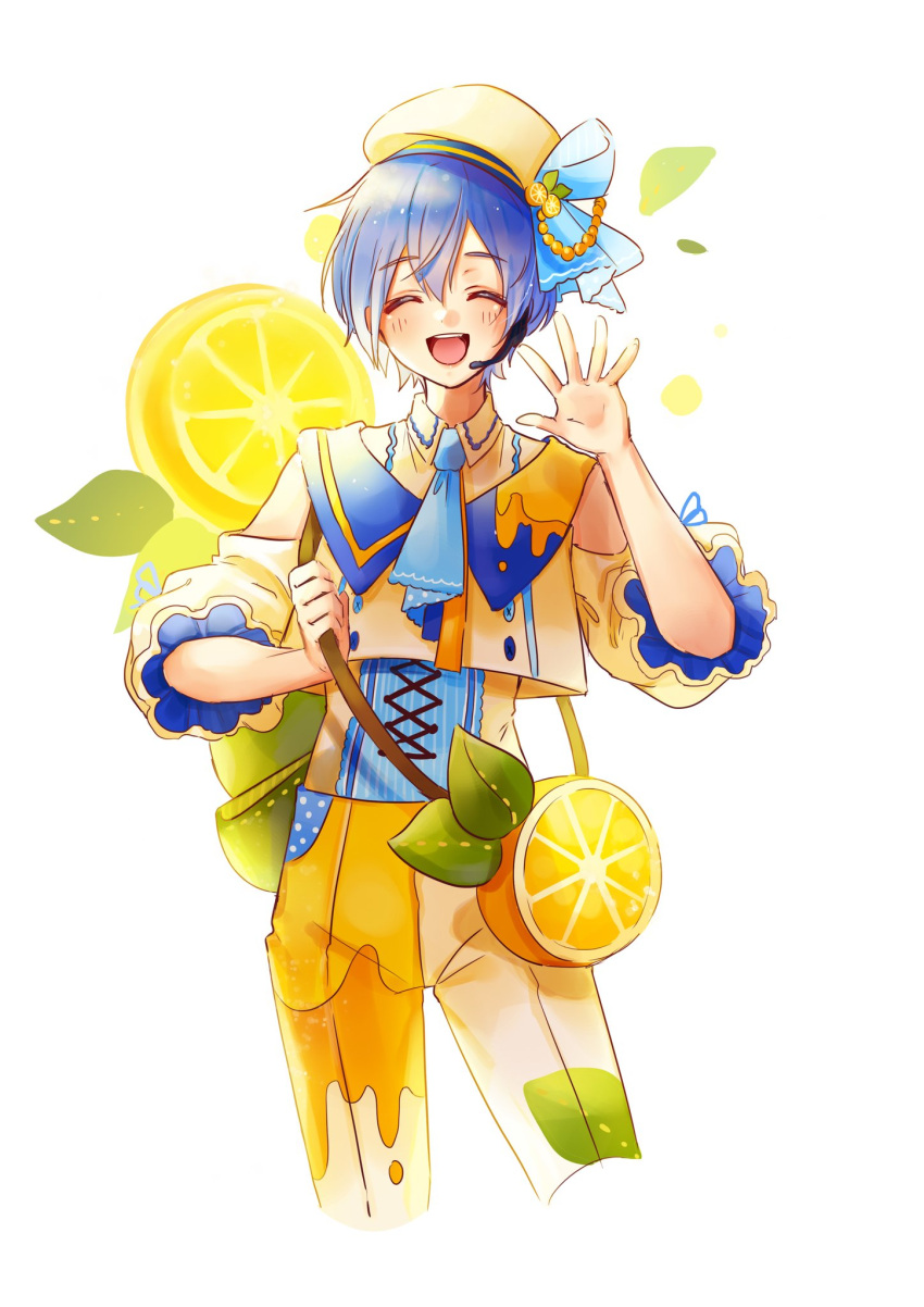 &gt;_&lt; 1boy :d bag blue_hair blush buttons closed_eyes commentary cropped_legs dripping food frilled_sleeves frills fruit fruit_hat_ornament hand_up handbag hat headphones highres holding holding_strap kaito_(vocaloid) lemon lemon_slice long_sleeves necktie omochi. pants puffy_sleeves shirt simple_background smile vocaloid waving white_background yellow_shirt yellow_theme