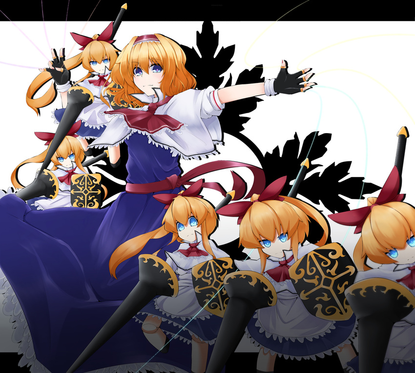 alice_margatroid apron blonde_hair blue_eyes bow capelet doll dress fingerless_gloves gloves hair_bow hairband highres lance long_hair polearm puppet_rings puppet_strings rihito_(usazukin) sash shanghai_doll shield short_hair smile string touhou weapon