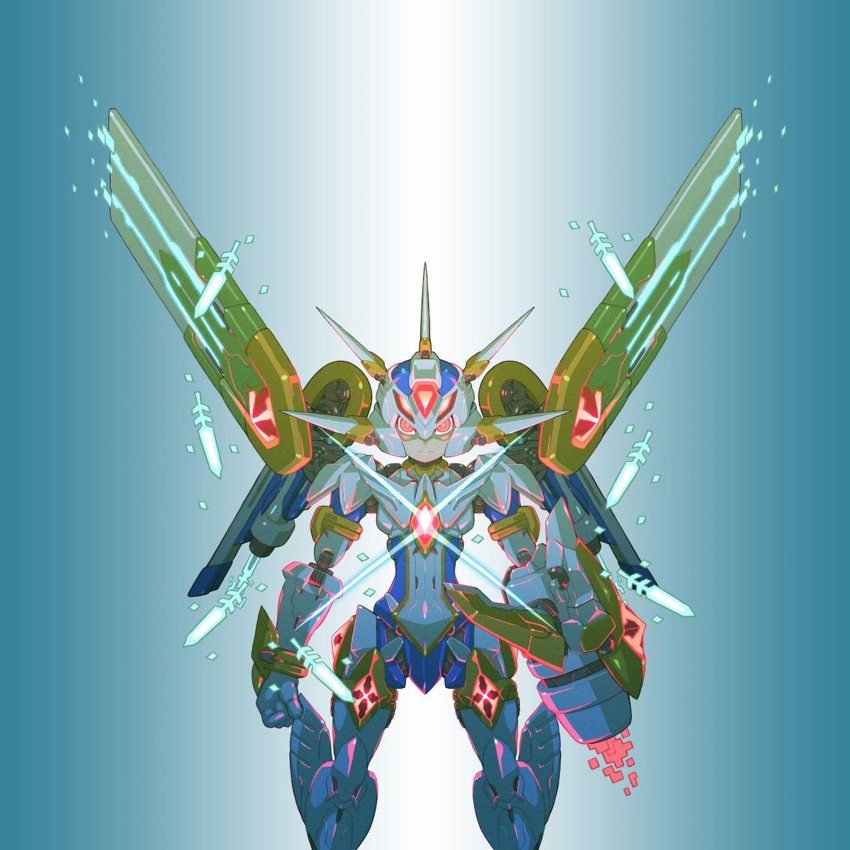 1boy arm_cannon armor commentary_request copy_x_(mega_man) fairy_leviathan_(mega_man) fighting_fefnir_(mega_man) forehead_jewel fusion glowing glowing_eyes glowing_weapon helmet hi-go! hidden_phantom_(mega_man) highres mechanical_wings mega_man_(series) mega_man_zero_(series) multiple_fusions red_eyes sage_harpuia_(mega_man) simple_background spikes weapon white_background wings