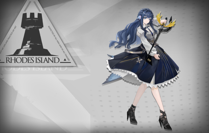 1girl absurdres animal_ears arknights astesia_(arknights) bird_ears bird_tail blue_eyes blue_hair blue_skirt bright_pupils dress full_body high_heels highres holding holding_sword holding_weapon layered_dress long_hair long_sleeves oripathy_lesion_(arknights) puffy_sleeves rhine_lab_logo rhodes_island_logo_(arknights) serious shirt skirt solo sword tachi-e tail weapon white_pupils white_shirt white_skirt zone6