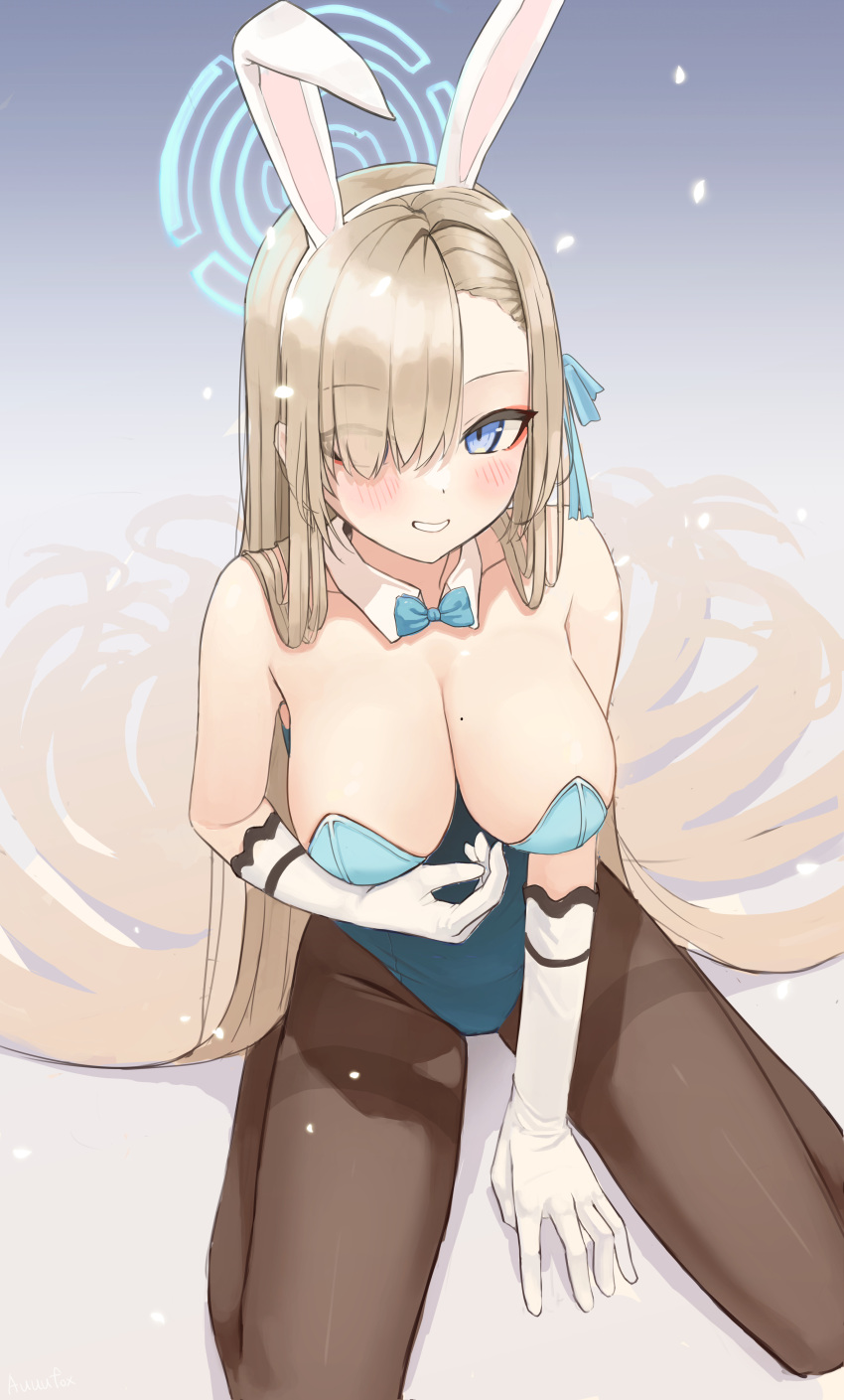 1girl absurdres animal_ears asuna_(blue_archive) asuna_(bunny)_(blue_archive) asymmetrical_bangs auuufox bare_shoulders between_legs blonde_hair blue_archive blue_bow blue_bowtie blue_eyes blue_halo blue_leotard blue_ribbon blush bow bowtie breasts brown_pantyhose collar detached_collar fake_animal_ears falling_petals from_above gloves gradient_background grin hair_over_one_eye hair_ribbon hair_spread_out hairband halo hand_between_legs highres large_breasts legs_apart leotard long_hair looking_at_viewer looking_up mole mole_on_breast on_floor one_eye_covered pantyhose petals playboy_bunny rabbit_ears ribbon sitting smile solo straight_hair teeth very_long_hair wariza white_collar white_gloves white_hairband