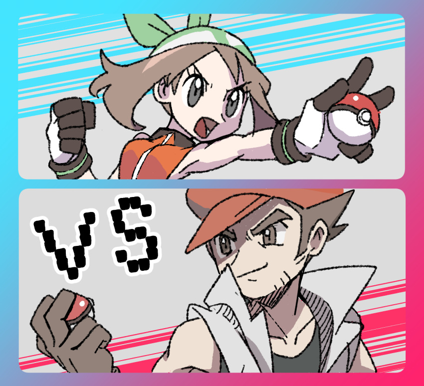 1boy 1girl armpits bandana black_gloves brown_eyes brown_gloves brown_hair closed_mouth facial_hair gloves green_bandana grey_eyes hat highres holding holding_poke_ball may_(pokemon) noland_(pokemon) open_mouth orange_shirt poke_ball poke_ball_(basic) pokemon pokemon_emerald pokemon_rse red_headwear shirt sleeveless tora_(ctiger) two-tone_gloves upper_body v-shaped_eyebrows vs white_gloves