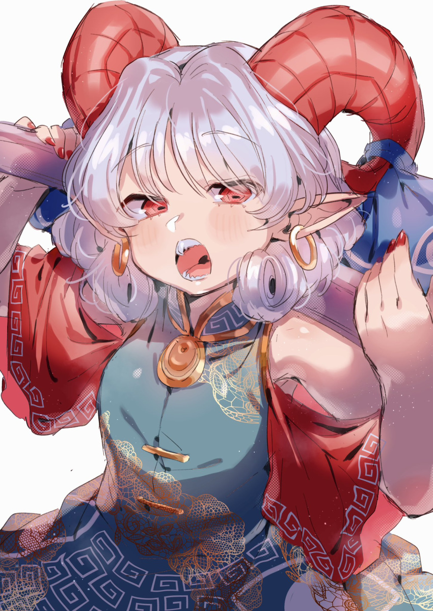 1girl blue_bow bow capelet curly_hair dress ear_bow earrings gold_trim green_dress grey_hair hands_up highres holding holding_weapon horns jewelry light_particles looking_at_viewer masanaga_(tsukasa) open_mouth red_capelet red_eyes red_horns red_nails sharp_teeth sheep_horns short_hair sleeveless sleeveless_dress solo standing teeth tongue touhou toutetsu_yuuma upper_body weapon white_background