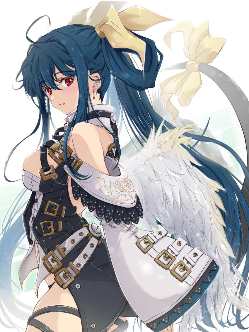 1girl ahoge angel_wings asymmetrical_wings back bare_shoulders belt blue_hair blush breasts cleavage cleavage_cutout clothing_cutout detached_collar detached_sleeves dizzy_(guilty_gear) feathered_wings from_side guilty_gear guilty_gear_xrd hair_between_eyes hair_rings highres large_breasts light_rays long_hair looking_at_viewer mature_female monster_girl nt50 o-ring o-ring_top open_mouth red_eyes ribbon shaded_face sideboob sidelocks skindentation smile solo sunbeam sunlight tail tail_ornament tail_ribbon thick_thighs thigh_strap thighs twintails wide_sleeves wings