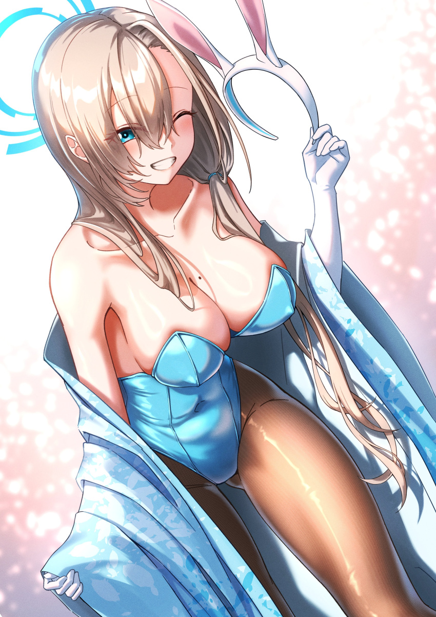 1girl absurdres adapted_costume alternate_hairstyle animal_ears ass_visible_through_thighs asuna_(blue_archive) asuna_(bunny)_(blue_archive) bare_shoulders black_pantyhose blonde_hair blue_archive blue_eyes blue_halo blue_kimono blush breasts cleavage collarbone commentary covered_navel covered_nipples eyes_visible_through_hair fake_animal_ears gloves hair_between_eyes hair_over_breasts hair_over_shoulder hair_tie halo highres holding_hairband japanese_clothes kimono kimono_on_shoulders large_breasts long_hair looking_at_viewer low_neckline mole mole_on_breast official_alternate_costume one_eye_closed pantyhose petal_print playboy_bunny rabbit_ear_hairband rabbit_ears sayu_mypace shiny_skin simple_background smile solo tight_clothes unworn_hairband very_long_hair white_gloves wide_hips