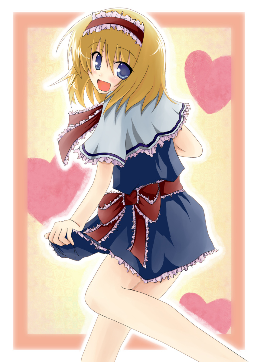 1girl alice_margatroid blonde_hair blue_dress blue_eyes border capelet clothes_grab commentary_request dress feet_out_of_frame frilled_capelet frilled_dress frilled_hairband frilled_ribbon frills hairband heart highres lolita_hairband looking_at_viewer medium_hair neck_ribbon nijou_makoto open_mouth outline outside_border red_hairband red_ribbon ribbon short_sleeves smile solo touhou waist_ribbon white_border white_capelet white_outline