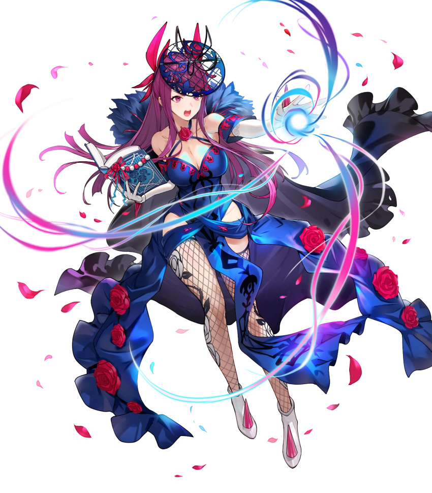 1girl attack bare_shoulders blue_dress book breasts cleavage dress elbow_gloves fascinator fire_emblem fire_emblem_engage fire_emblem_heroes fishnet_pantyhose fishnets flower flower_brooch flower_ornament gloves halterneck high_heels highres ivy_(fire_emblem) large_breasts long_dress long_hair magic non-web_source official_art open_book open_hand open_mouth pantyhose petals purple_eyes purple_hair rose solo very_long_hair white_footwear white_gloves