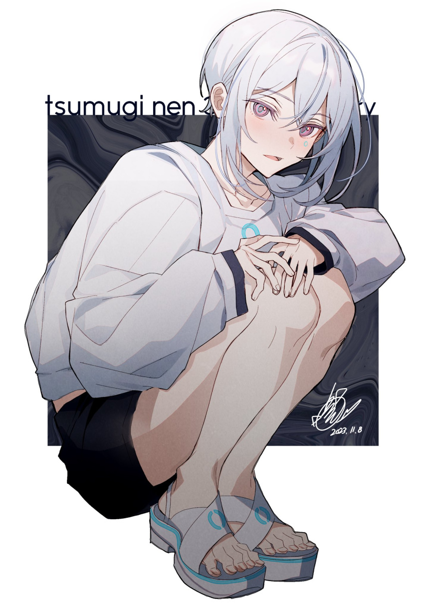 1girl bare_legs black_shorts blush character_name collarbone crossed_bangs dated double-parted_bangs feet full_body grey_sweater highres kawachi_rin legs long_sleeves looking_at_viewer pictoria pink_eyes sandals shadow short_hair short_shorts shorts sidelocks signature solo squatting sweater toenails toes tsumugi_nen virtual_youtuber white_footwear