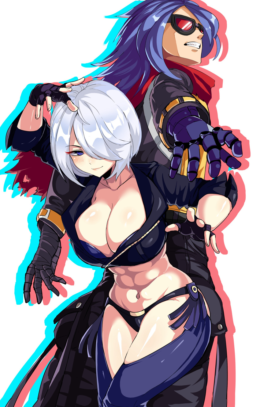 1boy 1girl 2022 abs absurdres angel_(kof) blue_hair breasts goggles hair_over_one_eye highres krohnen large_breasts mechanical_arms momorikihana single_mechanical_arm the_king_of_fighters white_background white_hair