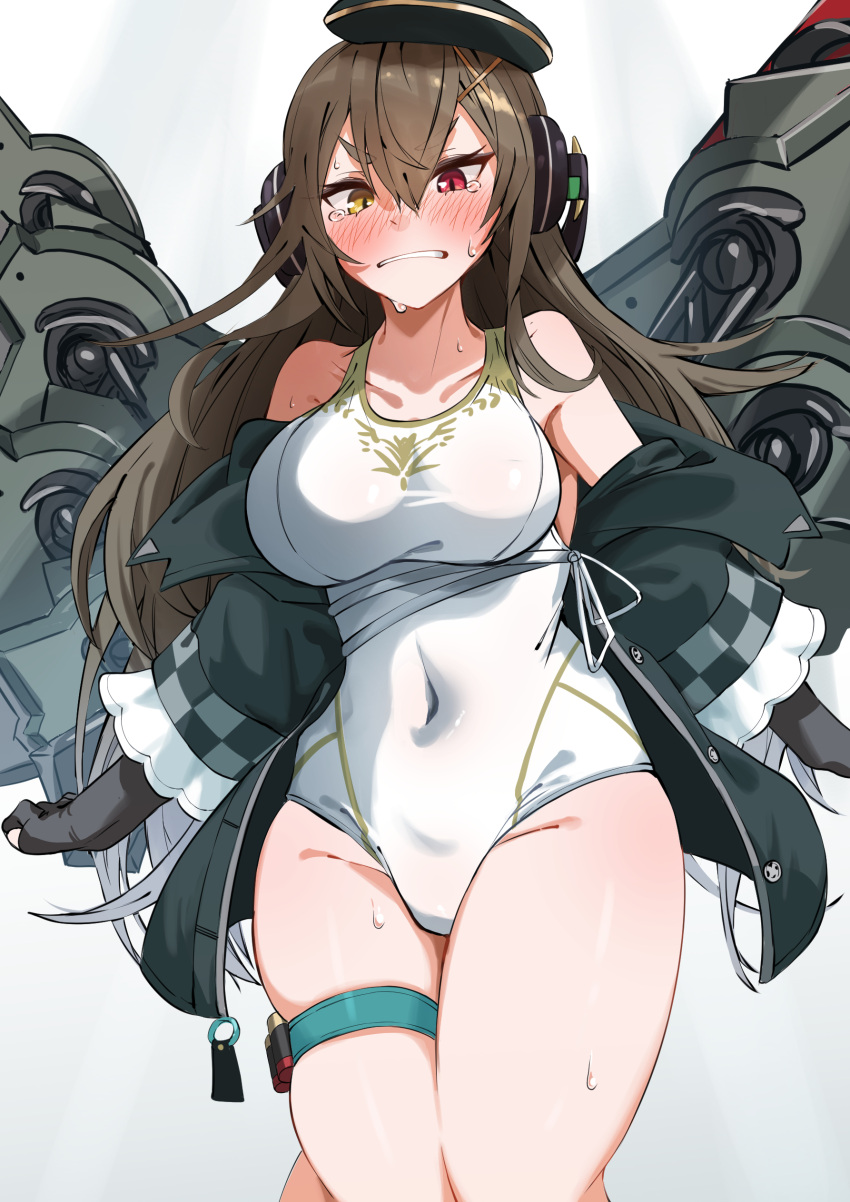 1girl absurdres black_headwear black_jacket blush brown_hair covered_navel cowboy_shot embarrassed ert_raitsui girls'_frontline hair_ornament headphones heterochromia highres impossible_clothes impossible_swimsuit jacket m1014_(girls'_frontline) off_shoulder one-piece_swimsuit open_clothes open_jacket parted_lips red_eyes shotgun_shell solo straight-on sweat swimsuit teeth thigh_strap white_background white_swimsuit x_hair_ornament yellow_eyes