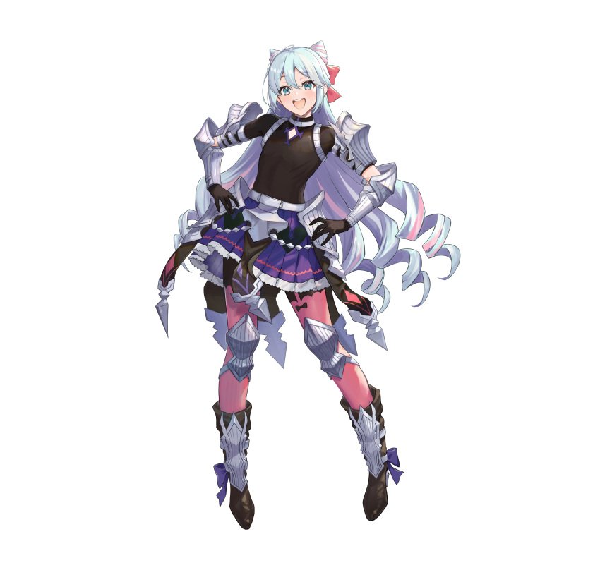 1boy absurdres ankle_ribbon black_gloves black_shirt blue_ribbon cone_hair_bun double_bun drill drill_hair fire_emblem fire_emblem_engage fire_emblem_heroes gloves hair_bun hair_ribbon hands_on_own_hips haru_(hiyori-kohal) highres knee_guards leg_ribbon long_hair looking_at_viewer official_art otoko_no_ko pink_ribbon pleated_skirt ribbon rosado_(fire_emblem) shirt skirt smile solo tachi-e very_long_hair white_hair