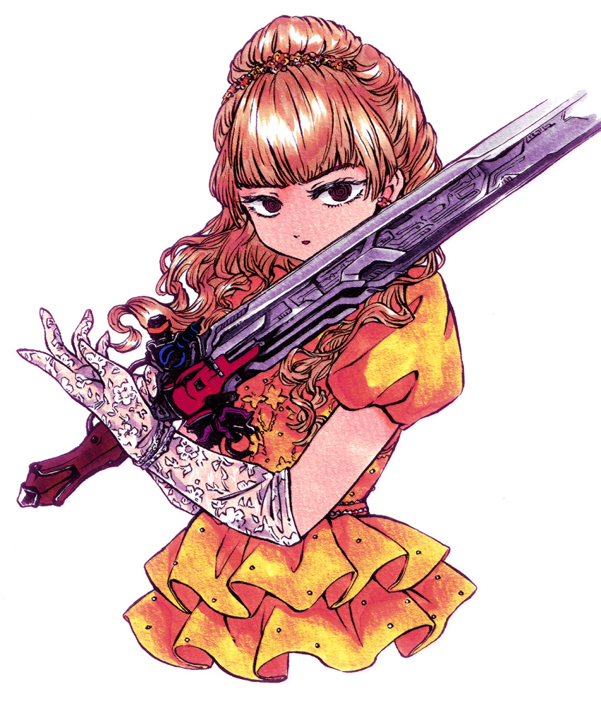 1girl belt earrings elbow_gloves floral_print frills gloves highres himeno_ran holding holding_sword holding_weapon jewelry lace lace_gloves long_hair ohgercalibur ohsama_sentai_king-ohger parted_lips puffy_short_sleeves puffy_sleeves red_eyes serious short_sleeves solo super_sentai sword tiara upper_body wavy_hair weapon yamakita_higashi