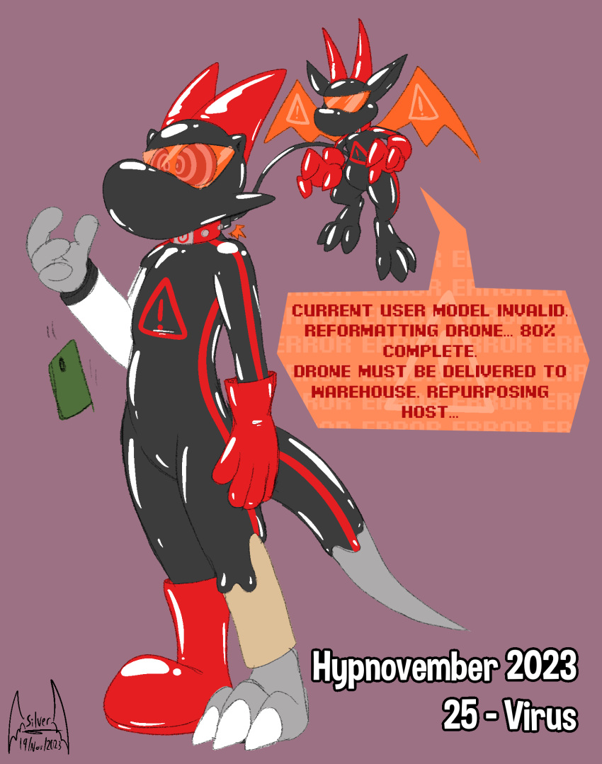 2023 3_toes 4_fingers anthro biped boots bottomwear brainwashing cellphone claws clothed clothing collar control_collar dialogue digital_drawing_(artwork) digital_media_(artwork) dragon drone dronification duo electronics english_text feet fingers flying footwear glistening gloves goo_transformation handwear hi_res horn hypnosis hypnotic_visor hypnovember imp latex latex_boots latex_clothing latex_footwear latex_gloves latex_handwear latex_transformation liquid_latex male membrane_(anatomy) membranous_wings mind_control orange_wings pants phone reboot_(soul-silver-dragon) red_boots red_clothing red_collar red_footwear red_gloves red_handwear red_horn ringed_eyes rubber_clothing rubber_suit scalie simple_background soul-silver-dragon soul-silver-dragon_(character) speech_bubble tan_bottomwear tan_clothing tan_pants text toe_claws toes transformation visor white_clothing wings