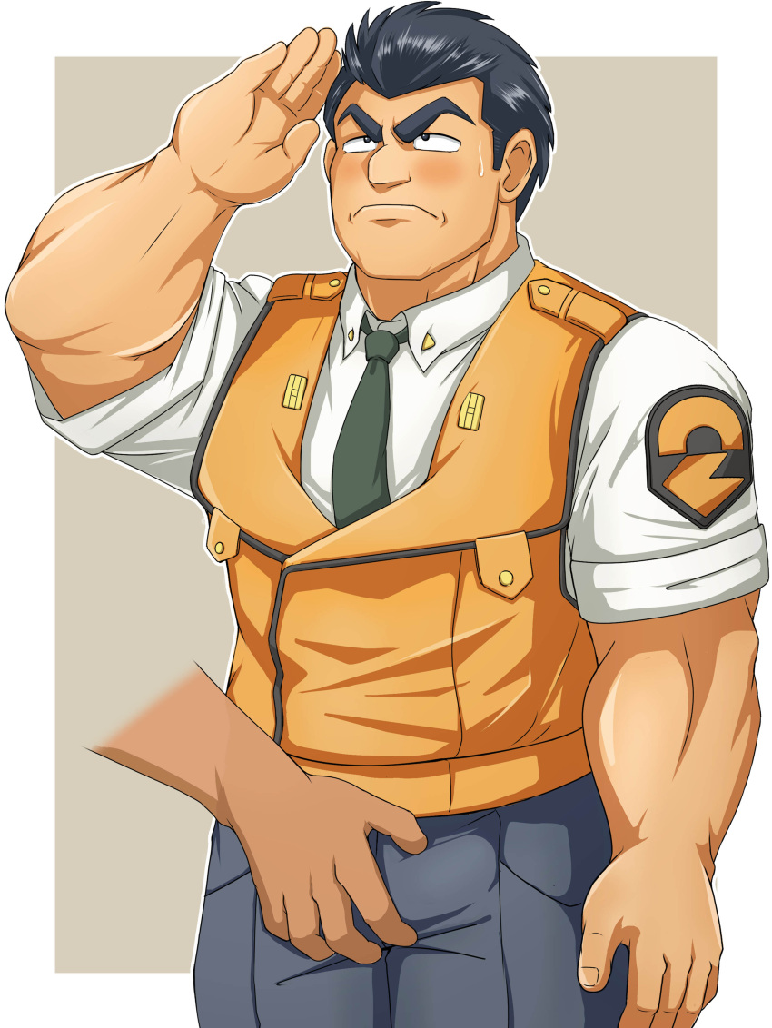 1boy absurdres bara black_hair black_necktie black_pants blush collared_shirt crotch_grab disembodied_limb highres kidou_keisatsu_patlabor looking_up male_focus muscular necktie nomado_(nomayakko) oota_isao orange_vest pants police salute shirt short_hair short_sleeves simple_background solo standing sweatdrop thick_eyebrows uniform upper_body vest white_shirt