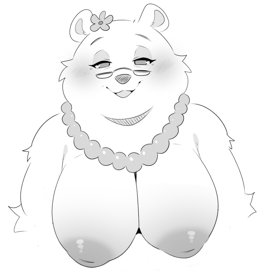 2023 anotherbearsimp anthro areola bear big_breasts biped blush breasts charmin charmin_bear charmin_ultra_soft_mom eyewear female front_view glasses hi_res looking_at_viewer mammal monochrome nipples smile solo toilet_paper tuft
