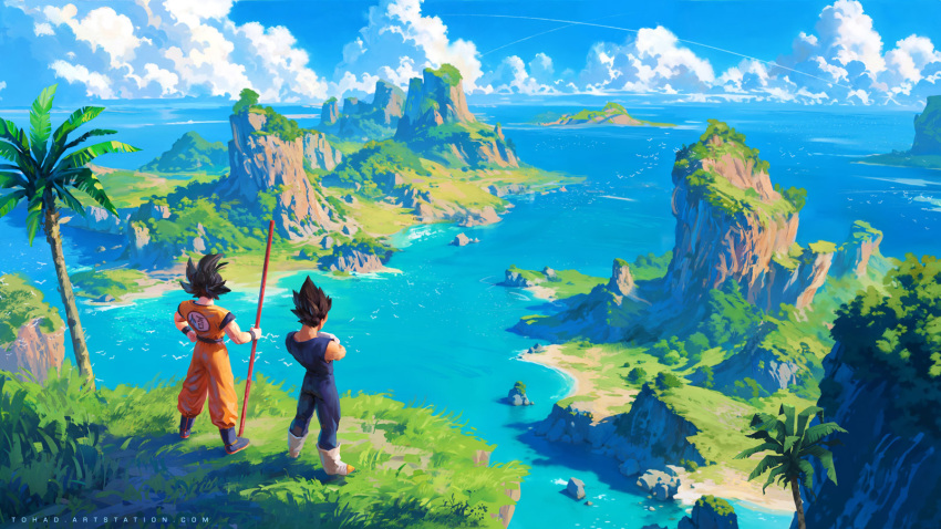 2boys bird blue_footwear blue_pants blue_sash blue_shirt blue_sky blue_wristband boots cloud crossed_arms dougi dragon_ball dragon_ball_z emblem gloves grass highres holding holding_staff island multiple_boys ocean orange_pants orange_shirt palm_tree pants ruyi_jingu_bang sash seagull seascape shirt short_sleeves sky sleeveless sleeveless_shirt son_goku staff standing sylvain_sarrailh tree vegeta white_footwear white_gloves