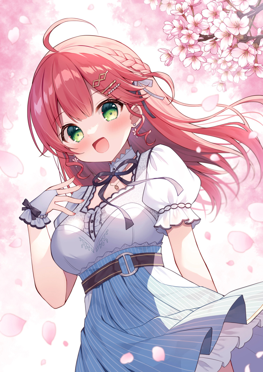 1girl :d ahoge belt black_belt black_ribbon blue_sky blush braid branch breasts bridal_gauntlets commentary earrings flower flower_earrings green_eyes hair_between_eyes hand_up high-waist_skirt highres hololive jewelry long_hair looking_at_viewer mauve medium_breasts neck_ribbon official_alternate_costume pink_flower pleated_skirt puffy_short_sleeves puffy_sleeves red_hair ribbon sakura_miko sakura_miko_(7th_costume) shirt short_sleeves skirt sky smile solo striped_clothes striped_skirt vertical-striped_clothes vertical-striped_skirt virtual_youtuber white_shirt