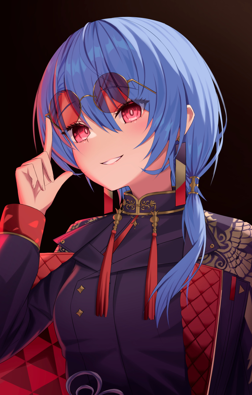 1girl absurdres black_shirt blue_hair earrings hair_between_eyes hair_over_shoulder highres hololive hoshimachi_suisei hoshimachi_suisei_(8th_costume) jewelry kumoru_(kumoru_145) long_hair long_sleeves looking_at_viewer neck_tassel official_alternate_costume red-tinted_eyewear red_eyes round_eyewear shirt solo sunglasses tassel tassel_earrings tinted_eyewear virtual_youtuber