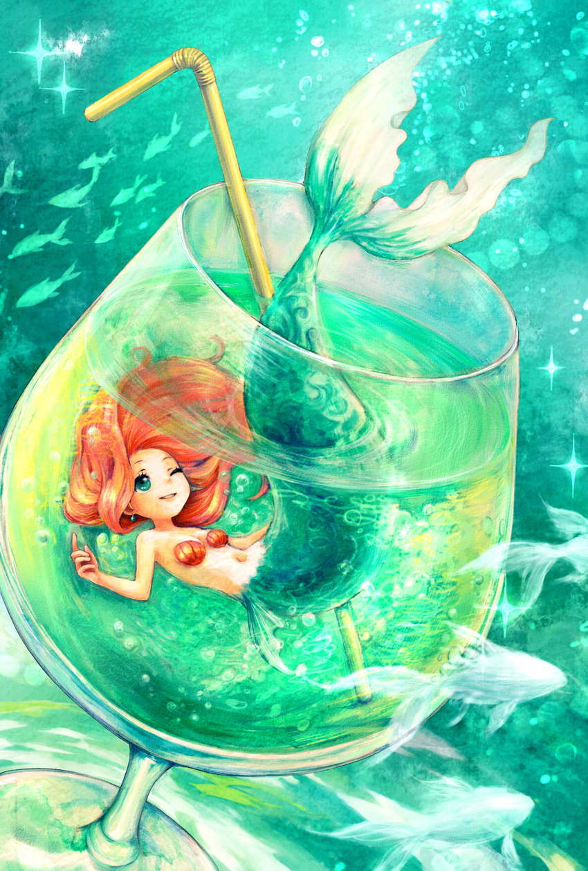 blue_eyes cup drinking_straw earrings fish highres in_container in_cup jewelry long_hair mametora_(dummycat) mermaid minigirl monster_girl navel one_eye_closed orange_hair original shell shell_bikini smile solo water