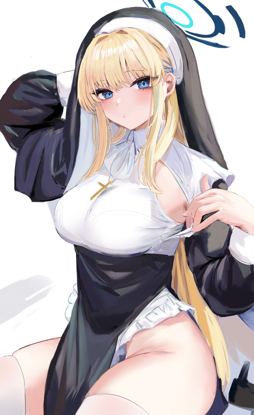 1girl absurdres alternate_costume blonde_hair blue_archive blue_eyes blue_halo blush breasts closed_mouth coif commentary_request cowboy_shot cross cross_necklace groin habit halo hand_up highres jewelry large_breasts long_hair long_sleeves looking_at_viewer lshiki necklace nun revision simple_background solo thighhighs thighs toki_(blue_archive) underwear white_background white_thighhighs