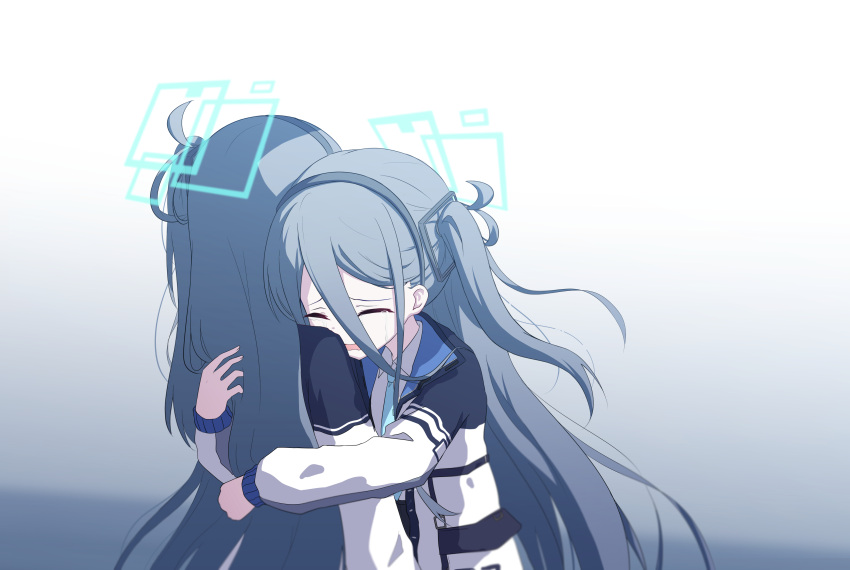 &lt;key&gt;_(blue_archive) 2girls absurdly_long_hair absurdres aris_(blue_archive) black_hair black_hairband blue_archive blue_halo blue_necktie closed_eyes collared_shirt crying hairband halo highres jacket kiroshi long_hair long_sleeves multiple_girls necktie one_side_up open_mouth shirt very_long_hair white_jacket white_shirt