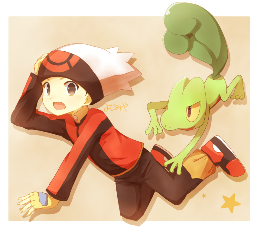 1boy :o black_pants black_shirt brendan_(pokemon) brown_eyes fingerless_gloves full_body gloves hat long_sleeves looking_at_viewer male_focus open_mouth pants pokemon pokemon_(creature) pokemon_rse red_footwear red_shirt shadow shirt shoes star_(symbol) treecko two-tone_shirt white_hat yellow_gloves ymzmi